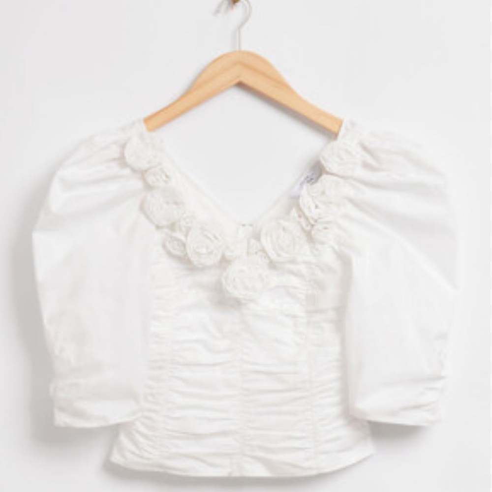 & Other Stories White Ruffled Ruched Rose Blouse